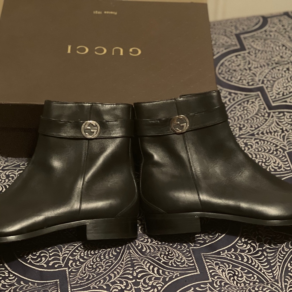 Gucci Black Leather Ankle Boots with GG Logo